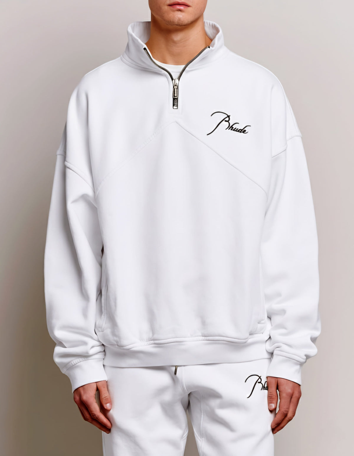 Rhude Script Logo Quarter-Zip Sweatshirt – White - Lovr