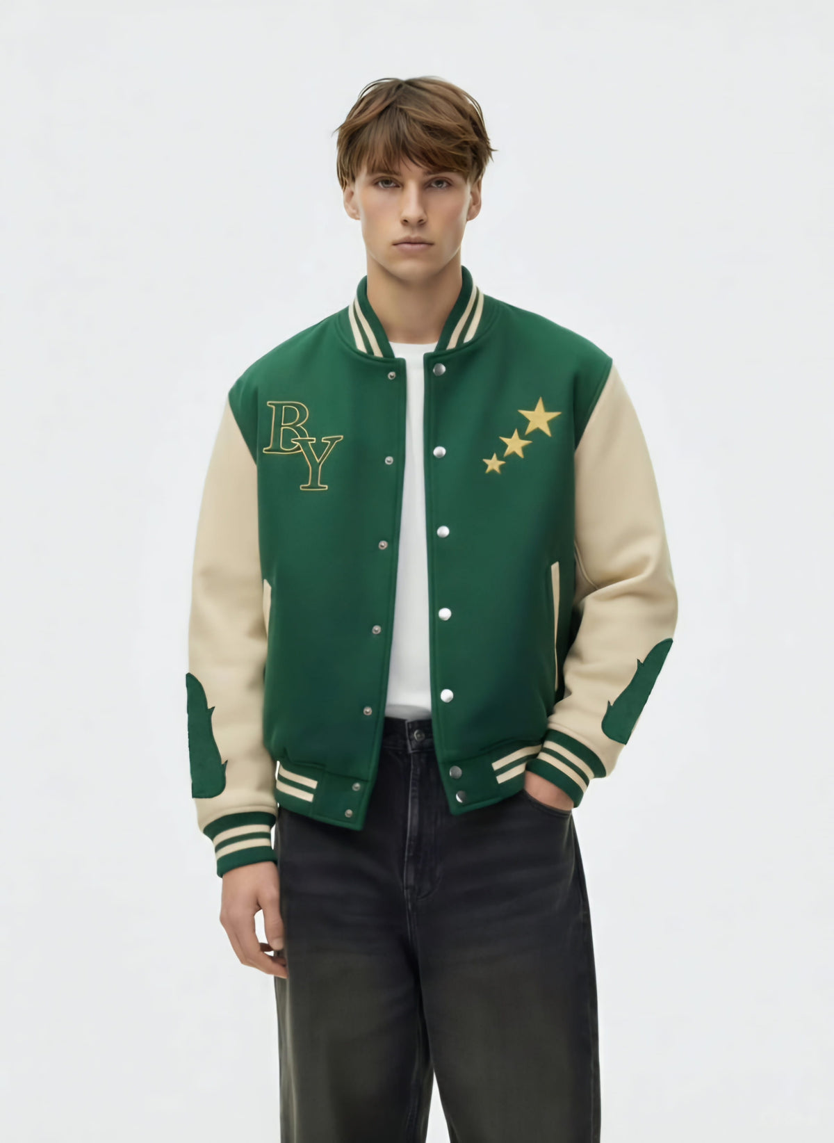 BeYoung Signature forest green and cream Varsity Jacket - Lovr