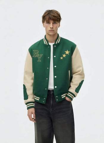 BeYoung Signature forest green and cream Varsity Jacket - Lovr